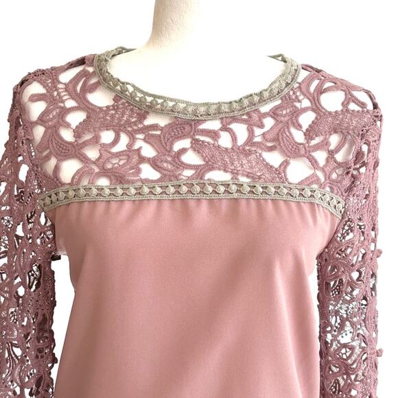 Choices Top Mauve Lace Crochet Long Sleeve Chiffon Blouse Top Size Small NEW - Picture 7 of 12